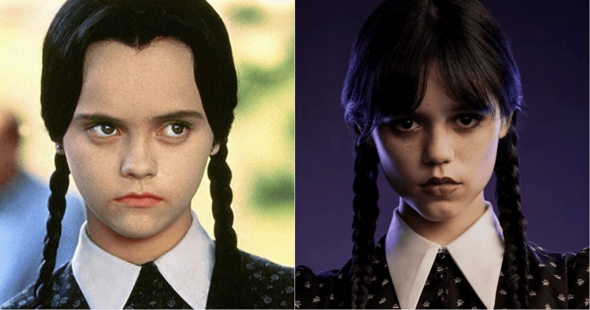 Left to right Christina Ricci as Wednesday Addams in the 1990s and Jenna Ortega as Wednesday Addams for the Netflix series Wednesday