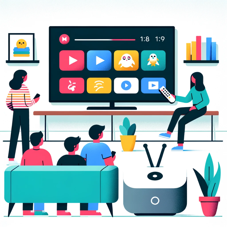 DALL·E 2023 10 26 02.06.24 Vector graphic of a spacious living room setting with a wall mounted TV displaying a colorful but neutral user interface. In front of the TV a group