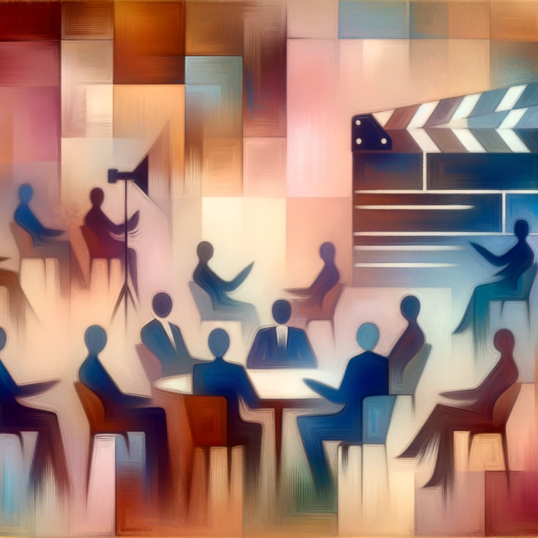 DALL·E 2023 10 30 14.47.10 Abstract art capturing the essence of film industry discussions Blurred figures symbolizing actors and executives with a subtle hint of a film clapp