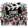 Vector design of a clapboard with 'STRIKE' written on it, surrounded by diverse silhouettes of actors holding their scripts, showcasing the unity in t