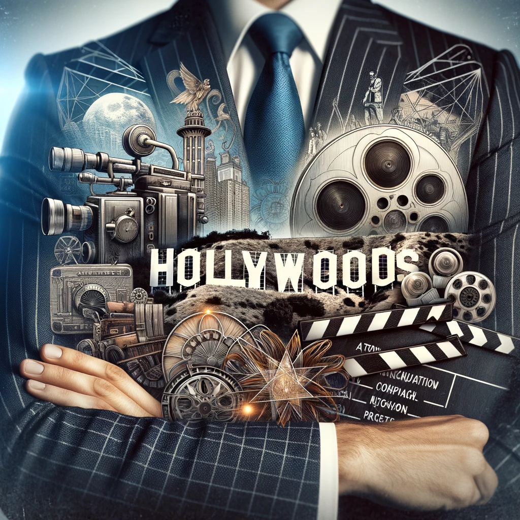 A backdrop that symbolizes the entertainment industry featuring the iconic Hollywood sign and a collage of film equipment like vintage cameras scrip