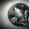 A minimalistic and sophisticated design representing a Hollywood industry theme. The image features a subtle background of a film reel a vintage micr