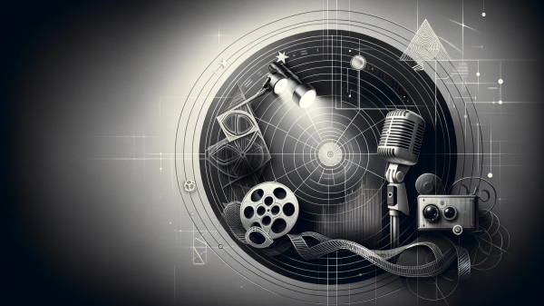 A minimalistic and sophisticated design representing a Hollywood industry theme. The image features a subtle background of a film reel a vintage micr