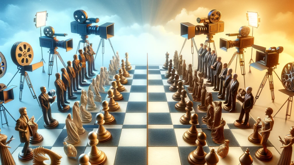 An abstract representation of a negotiation between actors and studio executives. The scene is composed of symbolic elements a chessboard representi