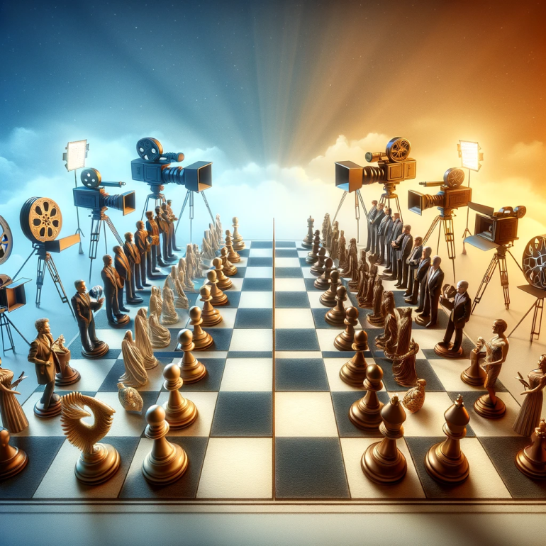 An abstract representation of a negotiation between actors and studio executives. The scene is composed of symbolic elements a chessboard representi