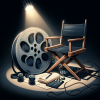 DALL·E 2023 11 03 15.52.58 Illustration of a film reel script and a directors chair arranged in a symbolic strike tableau. The film reel is unwound the script is closed and