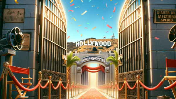 The scene depicts the end of a Hollywood actor strike with no people in the image. The Hollywood studio gates are wide open with Strike Over banne