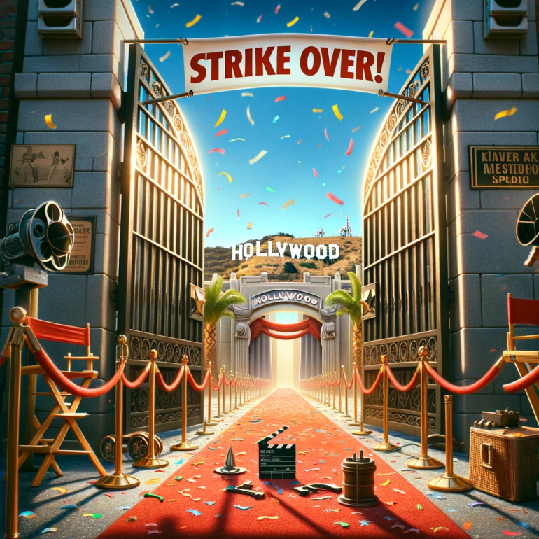 The scene depicts the end of a Hollywood actor strike with no people in the image. The Hollywood studio gates are wide open with Strike Over banne
