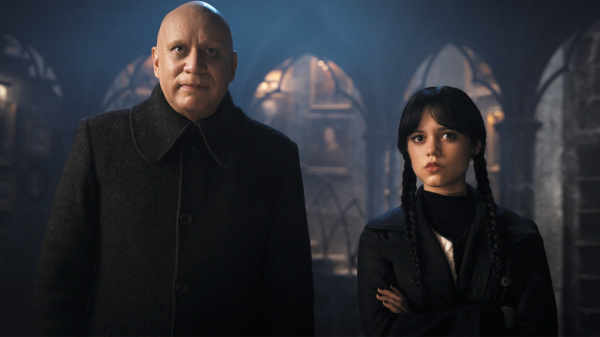 Fred Armisen as Uncle Fester and Jenna Ortega as Wednesday
