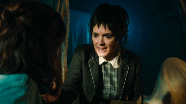 Winona Ryder seen talking to Jenna Ortega in a still from Beetlejuice Beetlejuice