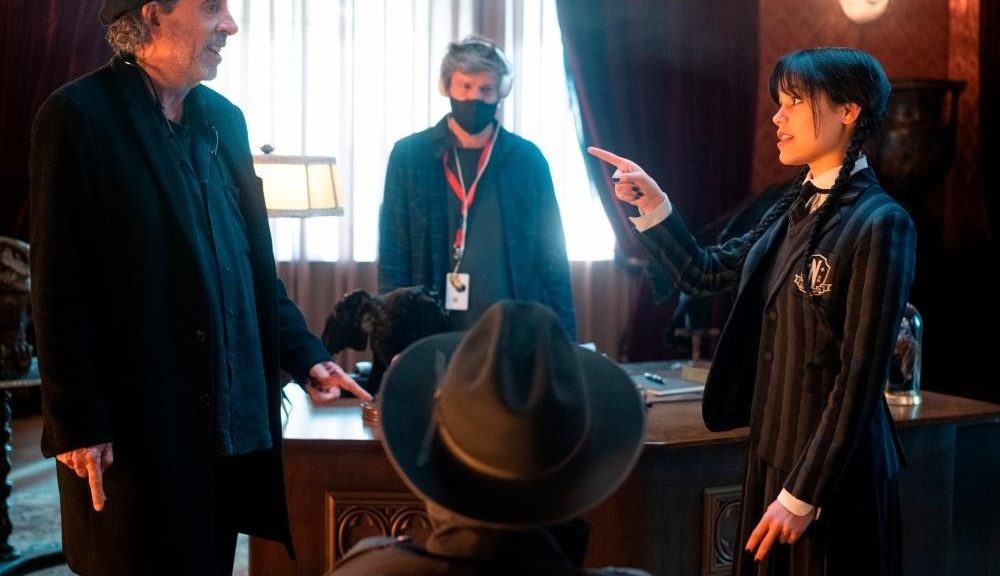 Tim Burton and Jenna Ortega on the set of Wednesday courtesy of Netflix