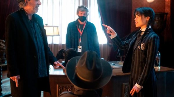 Tim Burton and Jenna Ortega on the set of Wednesday courtesy of Netflix