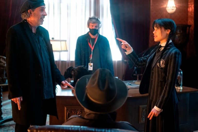 Tim Burton and Jenna Ortega on the set of Wednesday courtesy of Netflix