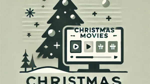 DALL·E 2024 12 24 23.47.18 A minimalist Christmas themed design featuring a simple silhouette of a Christmas tree with a star on top, a flat screen TV with a streaming player in