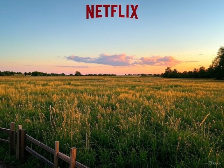 Image of a field with the Netflix logo