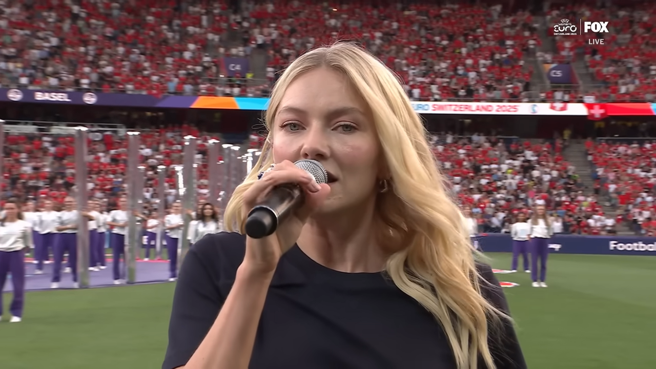 Norwegian pop star Astrid S delivering a hauntingly beautiful performance of Norway's national anthem at the UEFA Women's Euro 2025 opening game.