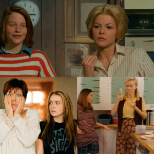 Collage of scenes from the 1976, 1995, and 2003 Freaky Friday films featuring the mother-daughter duos in each adaptation.
