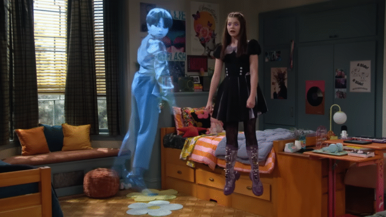 Kenzi Richardson as Vee with her ghostly companion Demi in Vampirina: Teenage Vampire. Image courtesy of Disney Channel.