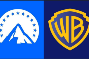 The iconic Paramount mountain logo (left) and Warner Bros. shield logo (right), side by side, symbolizing the potential merger between Paramount Skydance and Warner Bros. Discovery after Netflix stepped away from the bidding.