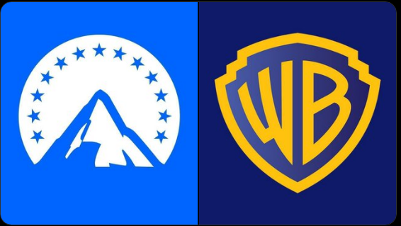 The iconic Paramount mountain logo (left) and Warner Bros. shield logo (right), side by side, symbolizing the potential merger between Paramount Skydance and Warner Bros. Discovery after Netflix stepped away from the bidding.