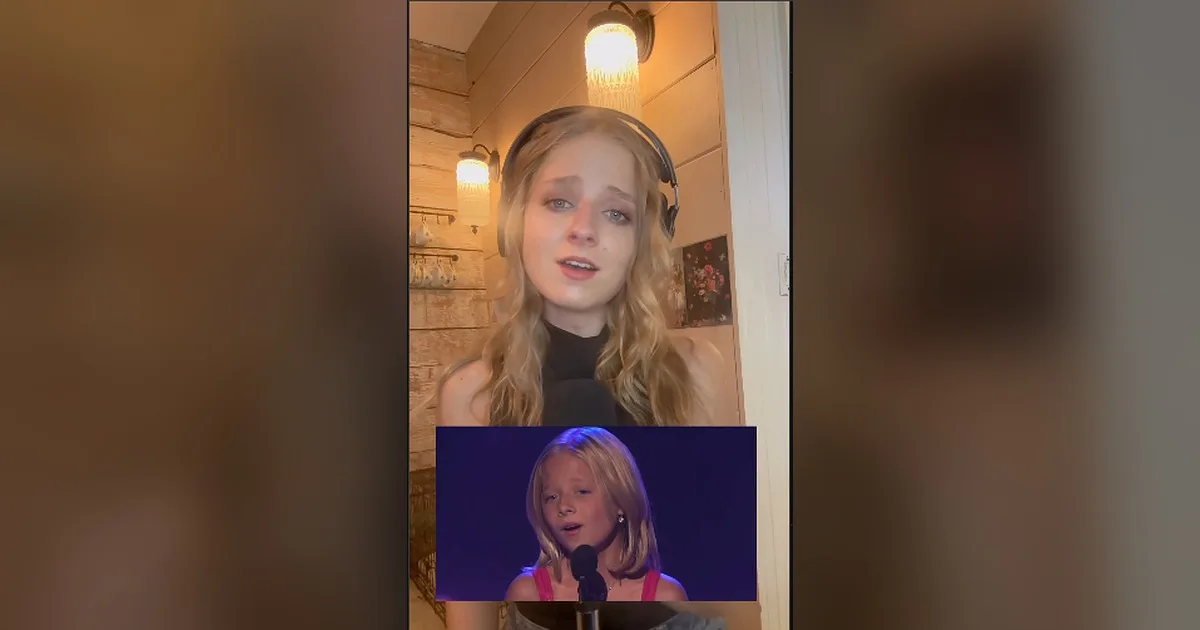 Jackie Evancho sings along with footage of her 2010 America's Got Talent debut