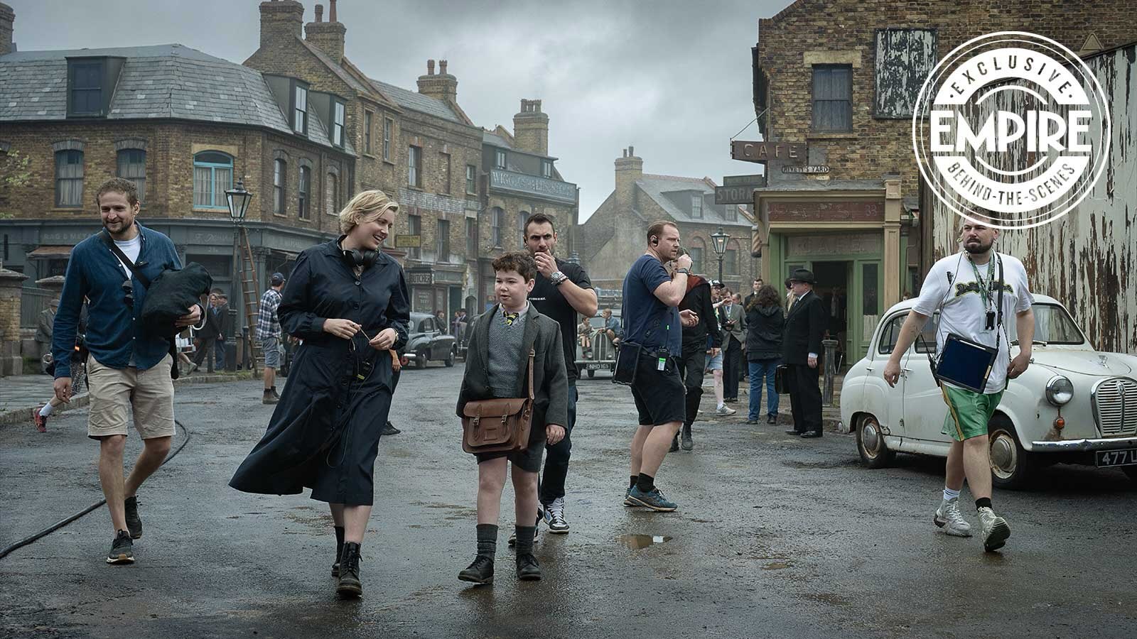 Greta Gerwig directing David McKenna as Digory on the 1950s London set of Narnia: The Magician's Nephew