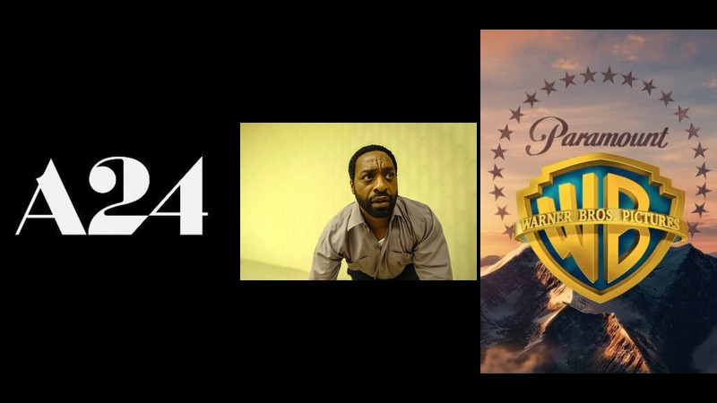 Collage of the A24 logo, a yellow-lit industrial room still from Backrooms, and the Warner Bros. and Paramount studio logos