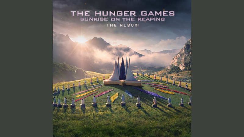 Official album artwork for The Hunger Games: Sunrise on the Reaping (The Album), showing a mountain arena landscape at sunrise