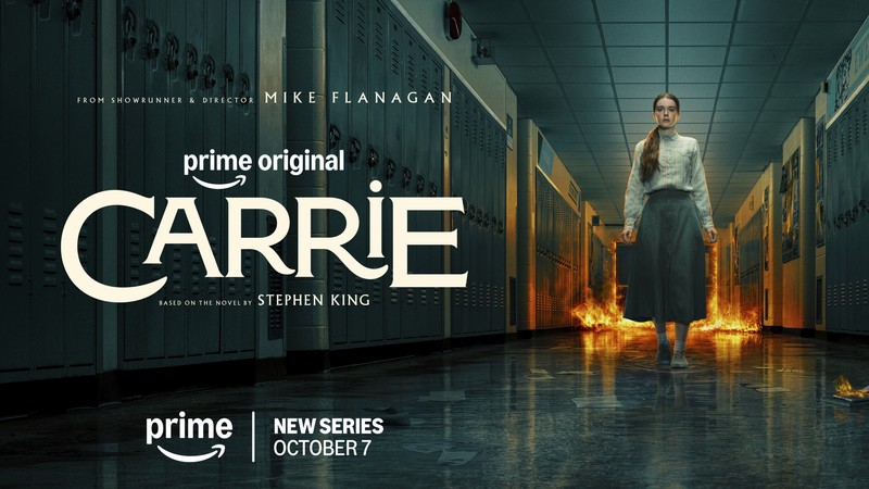 Summer H. Howell as Carrie White walking through a burning school hallway in Prime Video's Carrie key art