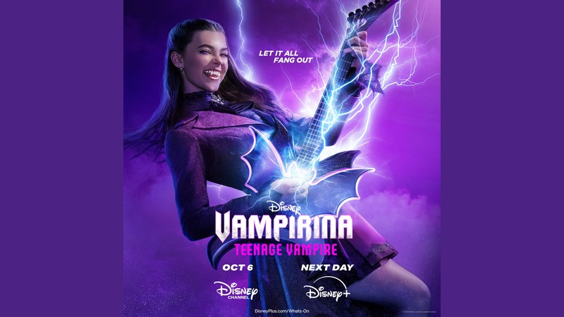 The official season 2 poster for Disney's Vampirina: Teenage Vampire, showing Kenzi Richardson as Vee playing a bat-shaped guitar wrapped in lightning