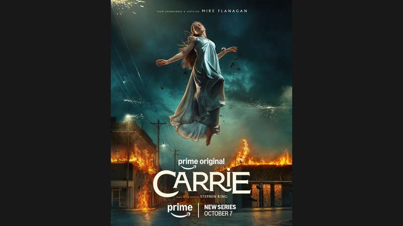Carrie series poster: a girl in a white dress levitating above a burning street at night