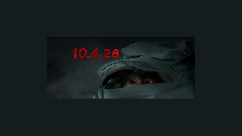 Gizmo peeking out of a backpack with the date 10.6.28 in red text from the Gremlins 3 teaser