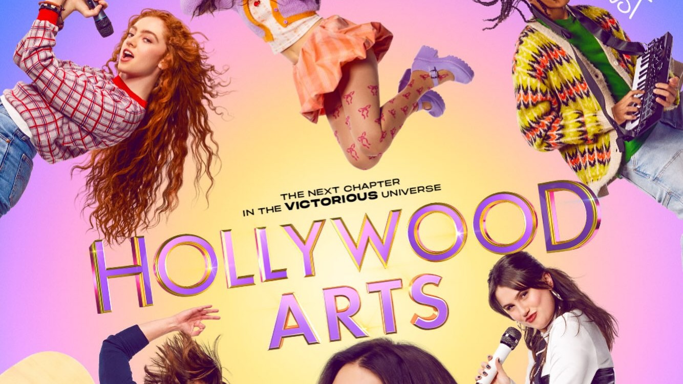 Detail from the official Hollywood Arts poster showing the new cast and the series logo, with the text "The Next Chapter in the Victorious Universe"