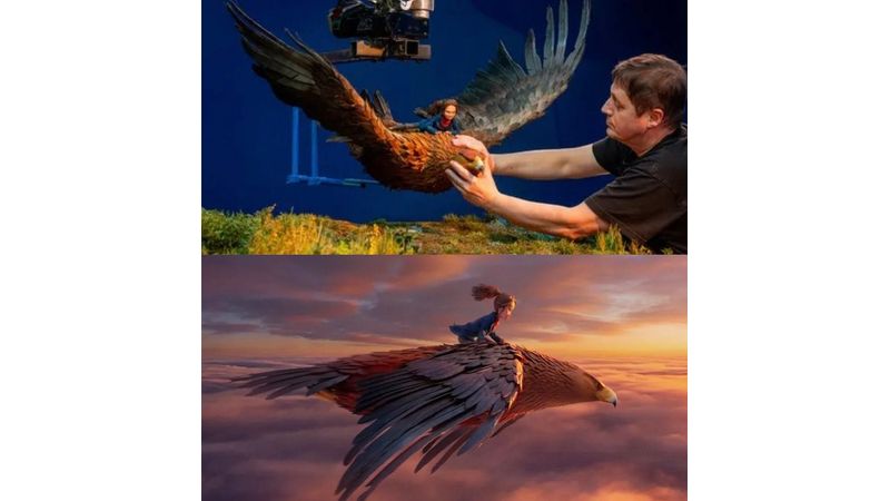 Dobrin Yanev adjusts the stop-motion puppet of the General, a golden eagle with a five-foot wingspan, in Laika's studio; below, the eagle soars in a film still