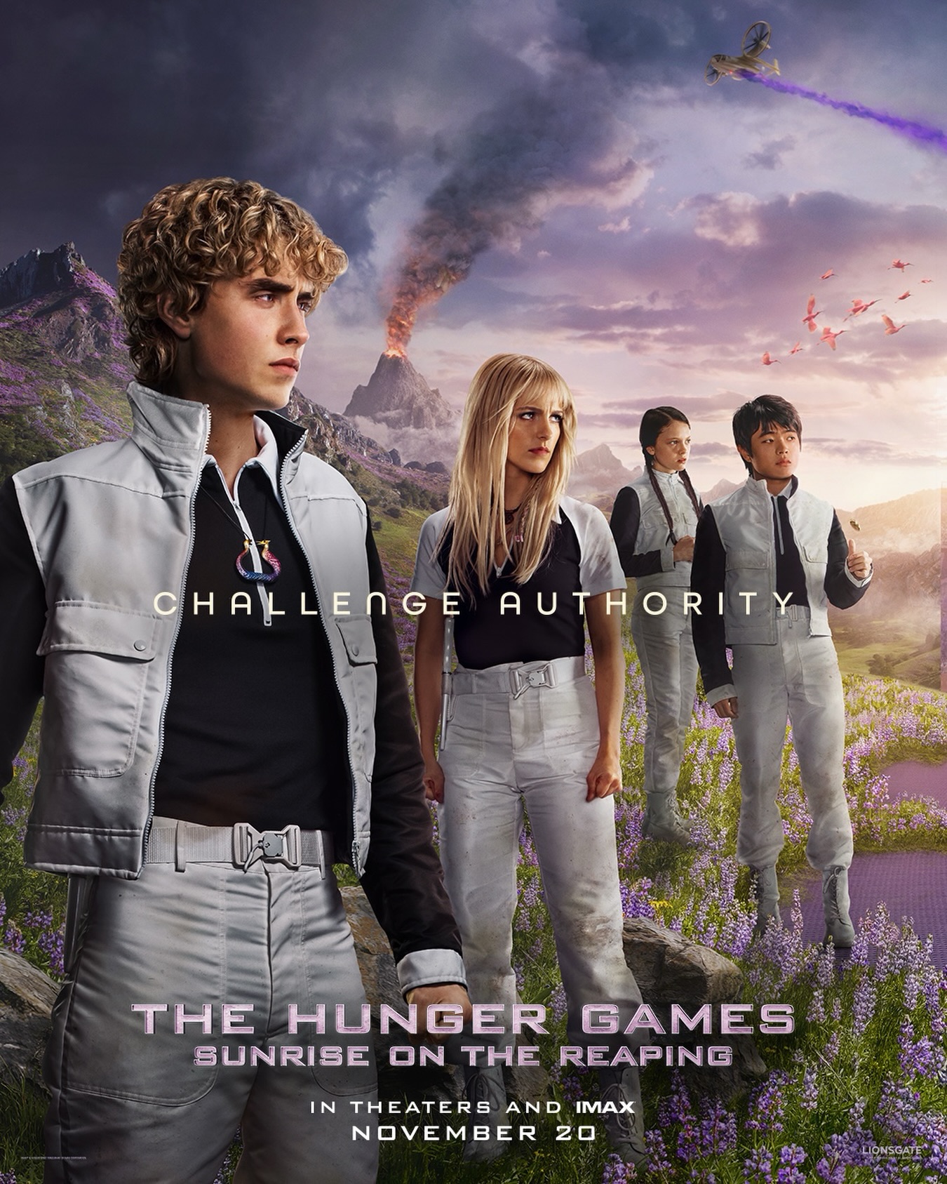 Official Challenge Authority poster for The Hunger Games: Sunrise on the Reaping, featuring the young District 12 tributes including Mckenna Grace as Maysilee Donner