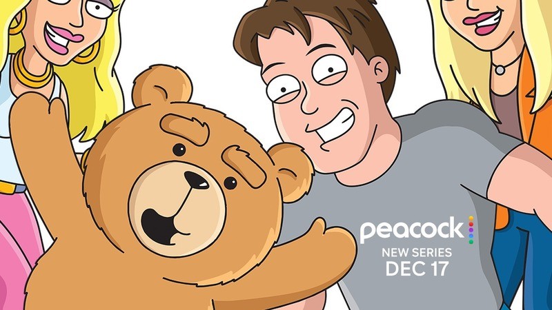 Key art for Ted: The Animated Series showing Ted the teddy bear with John and the cast, with the Peacock December 17 premiere date