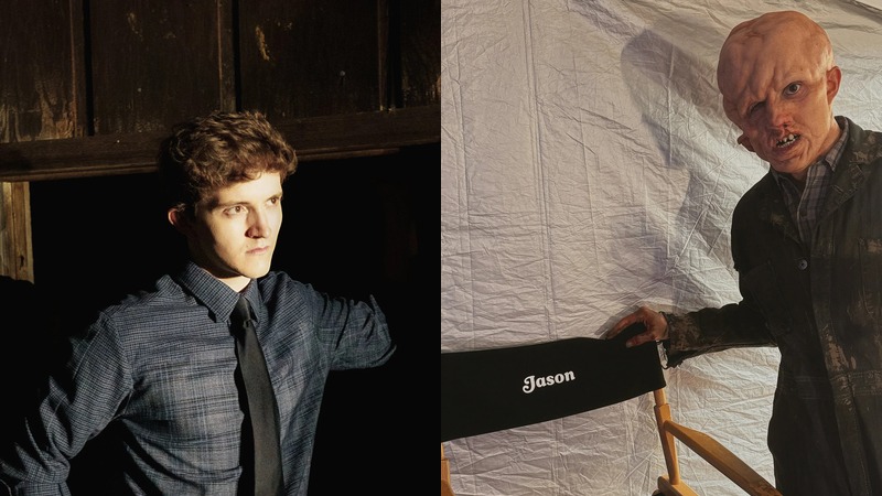 Jonathan Tison in a portrait beside a behind-the-scenes photo of Jason Voorhees in prosthetic makeup next to a director's chair marked Jason, from Peacock's Crystal Lake.