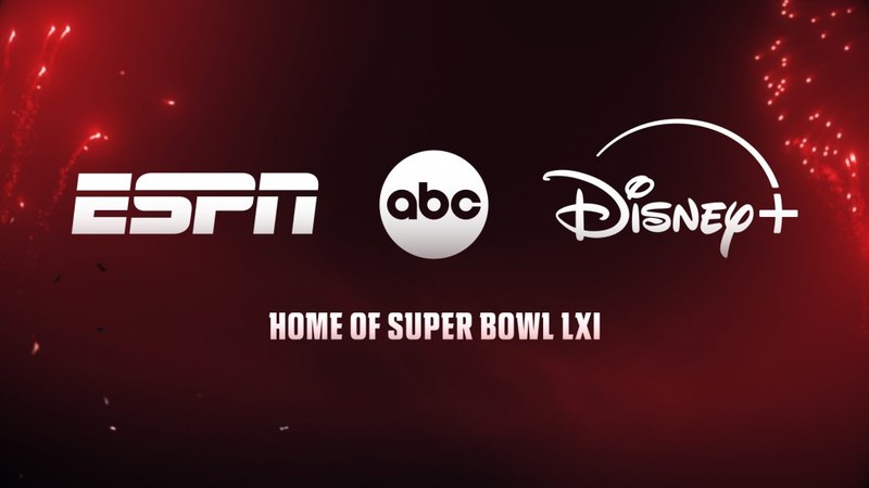 ESPN, ABC and Disney+ logos with Home of Super Bowl LXI text