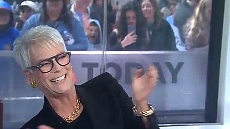 Jamie Lee Curtis laughs while watching a 1981 clip of herself on the Today show, during her October 28, 2026 appearance
