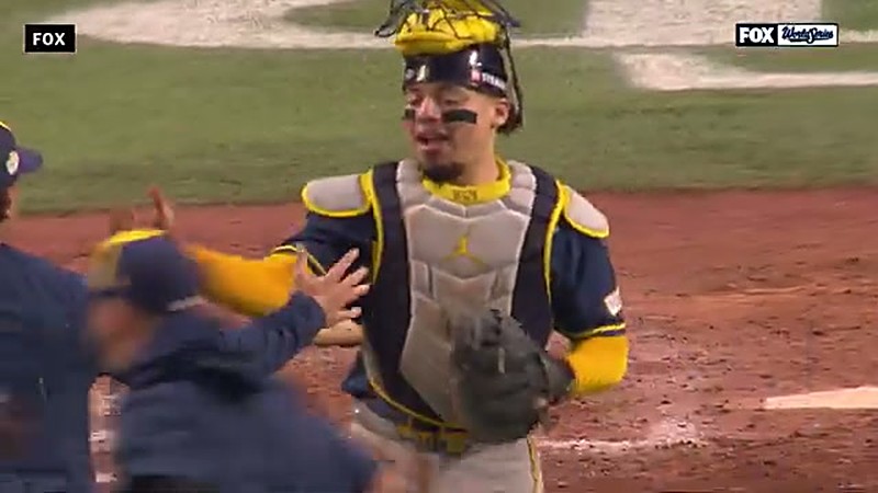 Milwaukee Brewers catcher William Contreras, the World Series MVP, celebrates with teammates after the final out of Game 5
