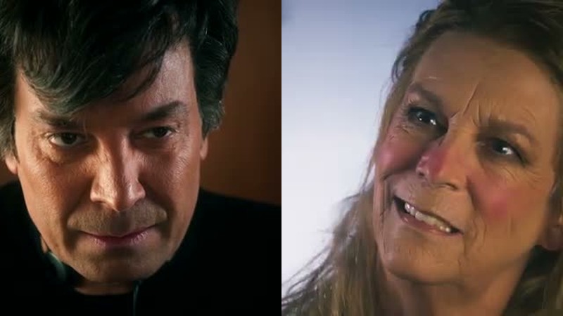 Jimmy Fallon as Nathan Fielder and Jamie Lee Curtis as Elizabeth Holmes in The Tonight Show cold open