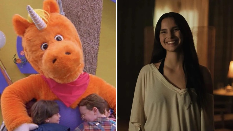 Buddy the Unicorn hugging two young guests on It's Buddy!, beside Inde Navarrette as Nikki in Obsession