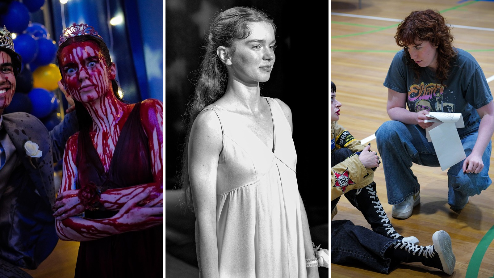 Collage of three behind the scenes Carrie photos by Matthew Lillard: Summer H. Howell in prom makeup beside the prom king, a black and white portrait of Howell in her prom dress, and Howell rehearsing on the gym floor