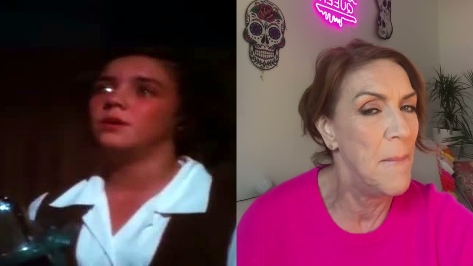 Andrea McArdle as Judy Garland in Rainbow beside Andrea McArdle recording a TikTok video today
