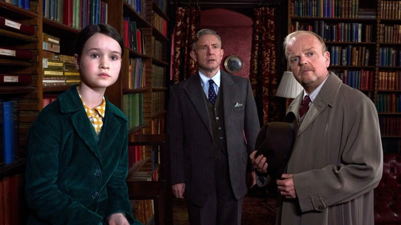 Molly Belle Wright as Flavia de Luce with Martin Freeman and Toby Jones in Flavia: Girl Detective