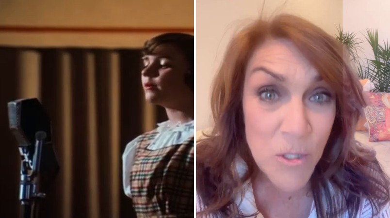 Side by side: young Andrea McArdle singing into a studio microphone as Judy Garland in Rainbow, and Andrea McArdle today speaking on TikTok