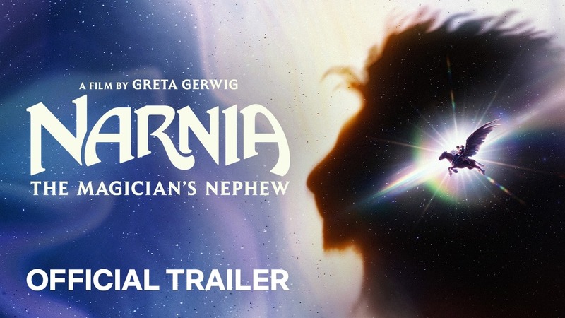 Narnia: The Magician's Nephew official trailer art: Aslan's starfield silhouette with Fledge carrying Digory and Polly