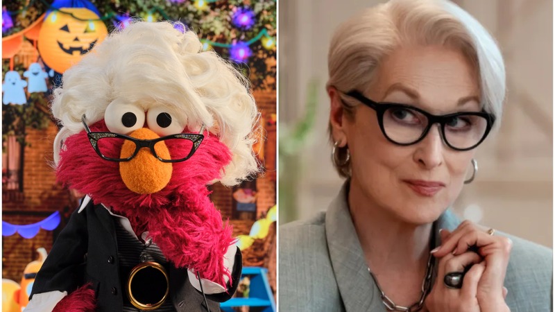 Elmo dressed as Miranda Priestly beside Meryl Streep as Miranda Priestly