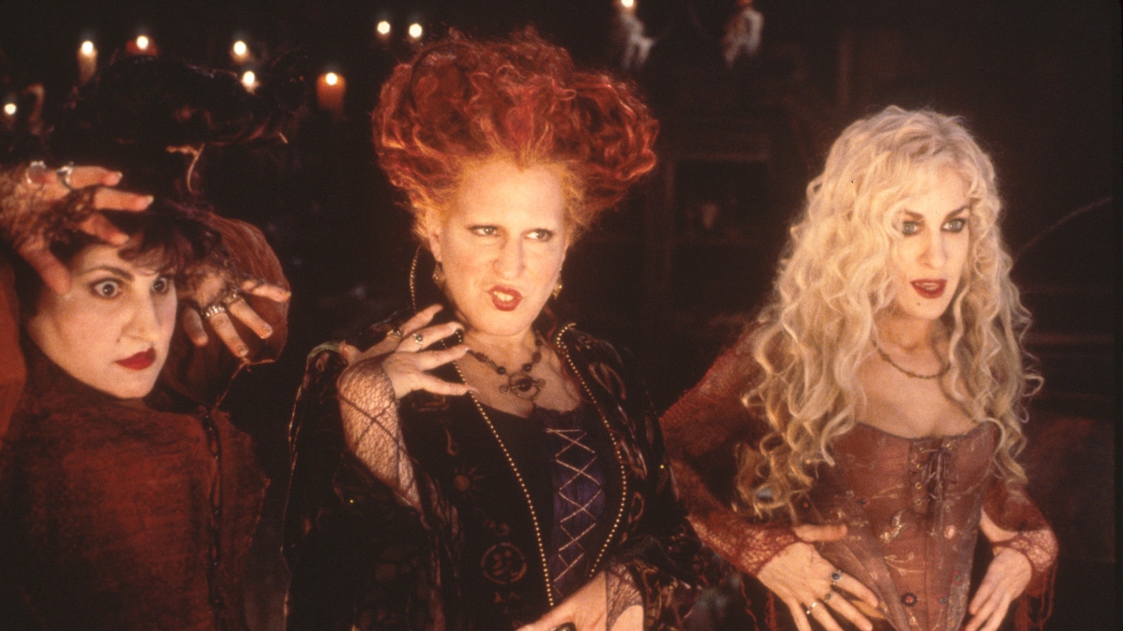 Bette Midler, Sarah Jessica Parker and Kathy Najimy as the Sanderson sisters in Hocus Pocus