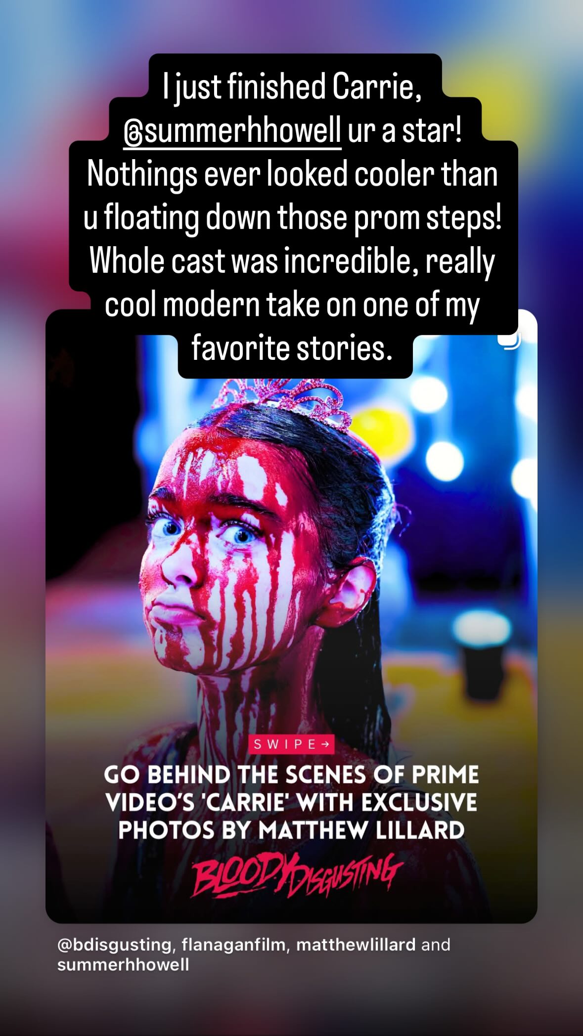Mckenna Grace's Instagram story praising Summer H. Howell, shared over a behind-the-scenes photo of Howell as Carrie White at the prom